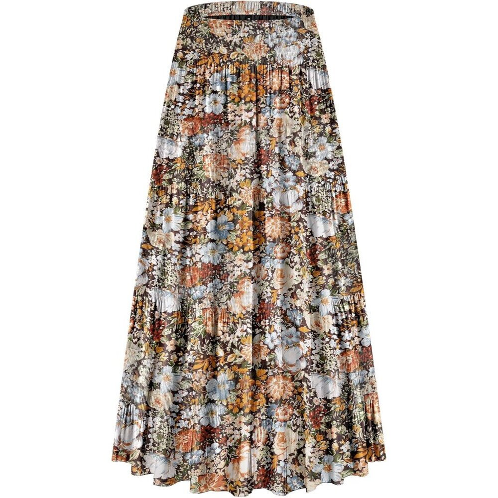 Women's Tiered Pleated A-Line Maxi Skirt - Bohemian Floral in Coffee Color